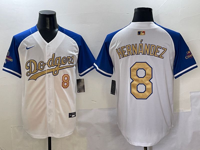 Men Los Angeles Dodgers 8 Hernandez White Blue Gold Game 2025 Nike MLB Jersey style 1